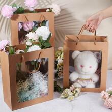 8 包带透明窗口牛皮纸购物袋带手柄礼品袋适用于婴儿洗礼生日婚礼派对周年纪念花店包装 12.6x10.24x0.22 英寸旅行收纳袋