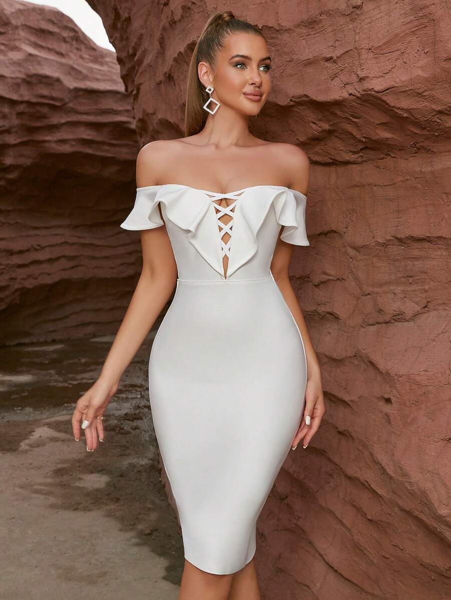 ADYCE Ruffle Ruffled Backless Bandage Bodycon Party Dress For Women, Cocktail Party Gown, Wedding Guest Dress - White - View 1
