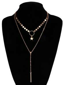 1pc Fashionable Gold Chain Round Disc Star Tassel Pendant Necklace, Layered Hipster Necklace