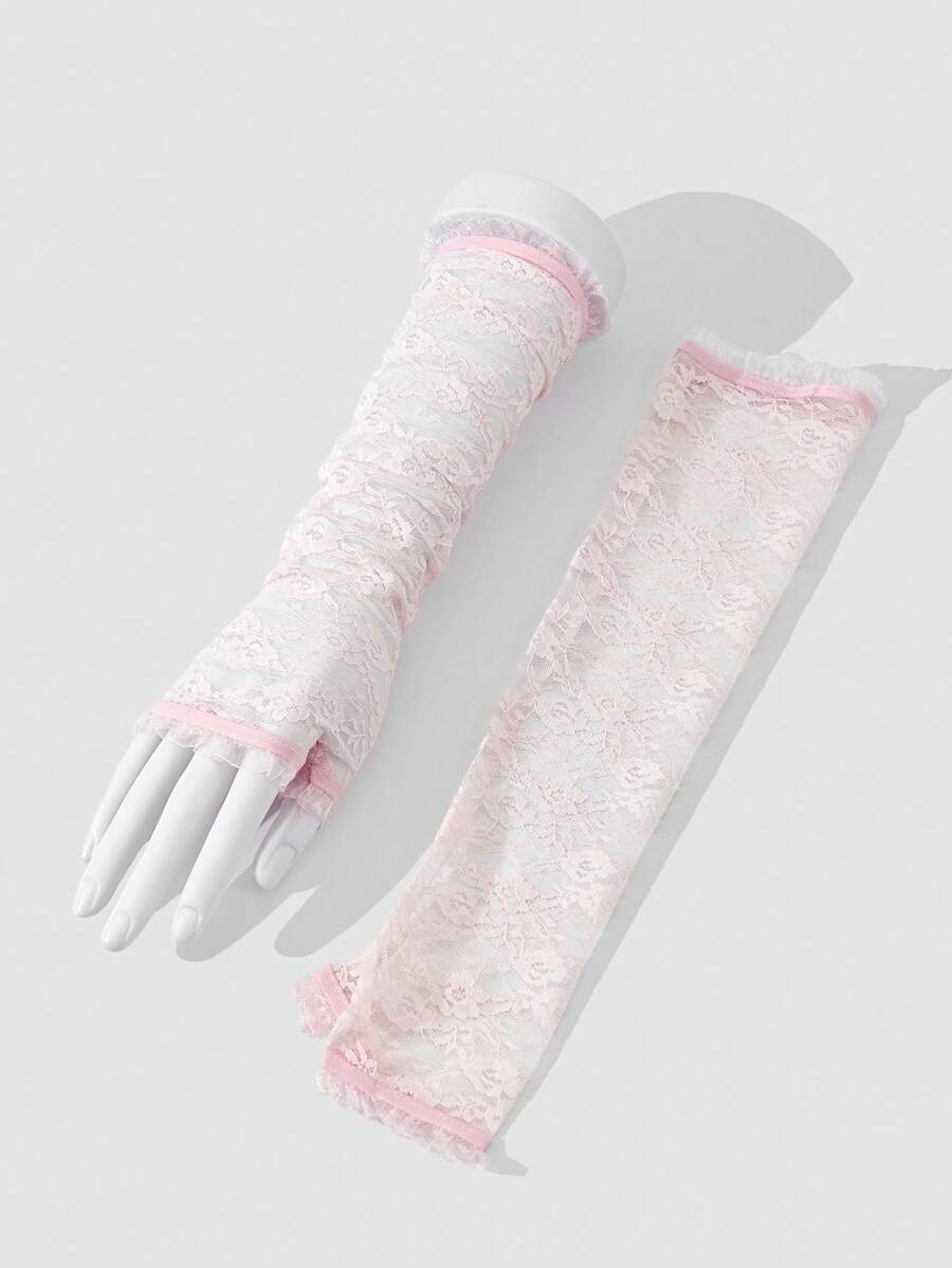 1 双女士玫瑰蕾丝网臂露指手套