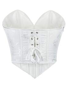 女式提花露背系带紧身胸衣塑身衣上衣，修身腰带，无肩带，适合新年派对、情人节、节日、毕业典礼、万圣节服装，奶油黄色 - 白色 - 查看 3