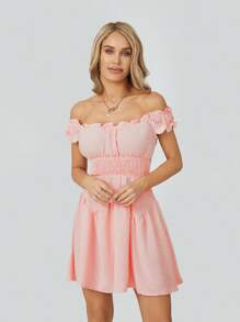 Women Summer Short Dress Solid Color Ruched Bust Boat Neck Off Shoulder Puff Sleeve A-Line One Piece For Ladies - Pink - View 7