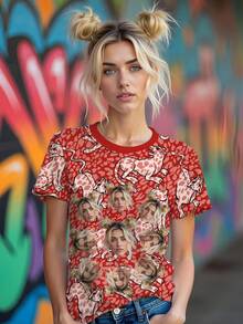 Women Custom Photo T-Shirt Fashion Personalized Top Shirts 3D Retro Leopard Print Tees Add Your Photos To Design Custom Short Sleeve T-Shirts Daily Casual - Red - View 2