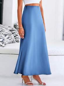 Women Spring Satin Silk Skirt High Waist Flared A-Line Long Maxi Skirt Solid Color Summer Elegant Cocktail Party Evening Wedding Club Valentine Long Skirt - Màu xanh lam - Xem 2