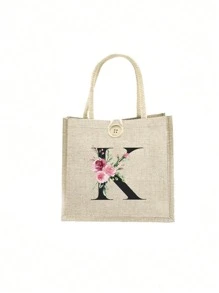 1 pieza Bolso de mano con flor de lino y letra, bolso de gran capacidad sencillo, bolso de almacenamiento casual portátil, bolsa de compras multifuncional, bolsa de regalo personalizada, adecuada para bodas, cumpleaños, playas, festivales, regalos perfectos para mujeres, maestros, amigos, damas de honor, bolsos grandes, estudiantes y vuelta a clases