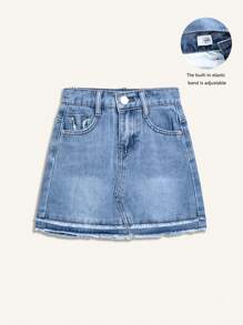 Young Girl Cute Denim Hip-Covering Skirt With Fringe Hem, Adjustable Waistband, Lining