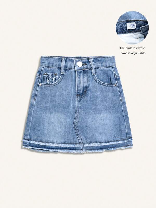 Young Girl Cute Denim Hip-Covering Skirt With Fringe Hem, Adjustable Waistband, Lining