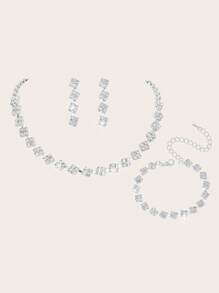 Luxury Rhinestone Necklace Earrings Bracelet 3-Piece Set - Suitable For Various Activities