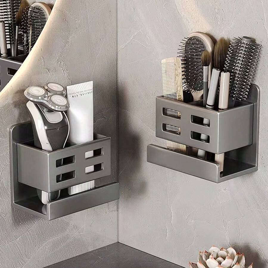 Versatile Wall-Mounted Bathroom Organizer - Plastic Storage Rack For Toothbrushes, Toothpaste, Hair Dryers & More - Multi-Functional Kitchen And Bath Accessory Holder