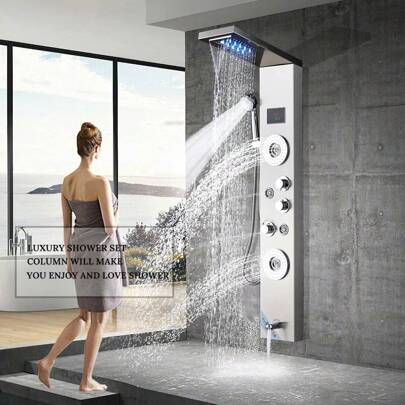 Sistema de ducha LED Panel de ducha de lluvia negra Sistema de torre Sistema de cabezal de ducha de cascada montado en la pared 5 funciones Columna de ducha de masaje con ducha de mano