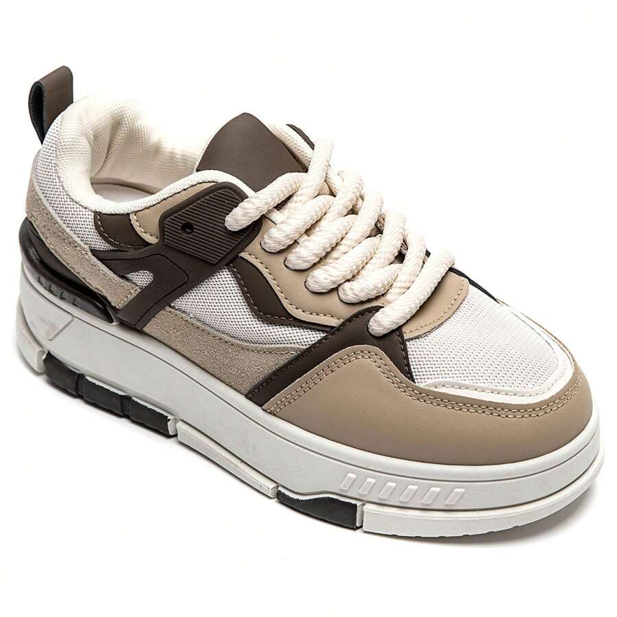 Lace-Up Chunky Sneakers With Padded Collar And Overlay Detail - Khaki - View 1
