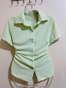 Short Sleeve Shirt In Dune Fabric - 水綠色 - 查看 2