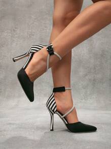 Talons hauts noirs sexy à bout pointu de nouvelle mode pour femmes, chaussures de soirée élégantes et glamour ornées de strass, chaussures de fête élégantes