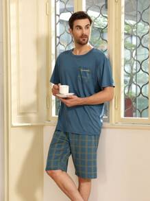 QIANNIANMA 2-teiliges Pyjama Set für Herren mit Kurzarm-Oberteil und Shorts, rundem Ausschnitt, kariert, lässige Hausmode, geeignet für Sommerlook Outdoor