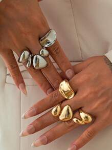 3 件复古简约不对称金属水滴几何圆形开口可调节厚实金银色珠宝戒指套装，适合日常休闲佩戴、节日派对、度假 - 3件組戒指 - 查看 6