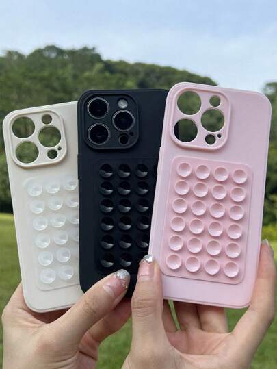1 Piece Compatible With IPhone Simple Fine Hole Solid Color Suction Cup Bracket Frosted Anti-Drop Protective Case Suitable For IPhone15Promax 15 15plus 15Pro 14Promax 14Pro 14plus 14 13Promax 13Pro 13 12 11 XR Soft Case