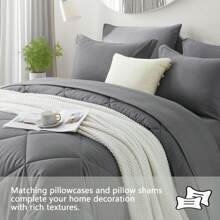 5/7 Piece Solid Color Bed Comforter Set Queen, Creative Geometric Pattern Design, Soft And Comfortable Summer Bedding Set.Bed In A Bag For All Seasons, Includes Comforter, Flat Sheet, Fitted Sheet, Pillowcases,  Ideal Gift. - Màu xám đen - Xem 2