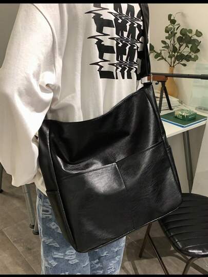 1pc PU Dual Pocket Solid Color Minimalist Sling Bag, Large Capacity Crossbody Bag, Casual Versatile Tote For Men, Korean Style Students Shoulder Bag Gift Sling Bag For Men Graduation School Supplies Book Bag Shopping Bag Laptop Bag