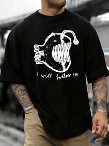 "I Will Follow Him" ​​​​Estampado de peces de aguas profundas de terror inspirado en cómics - Camiseta de manga corta de algodón para hombre 220g - Negro - Ver 1