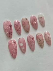 10pcs/Set Reusable Full Cover Almond Shaped Press-On Nails With Cartoon Floral, Branch And Bow Print, Fingertip Sensory Experience
