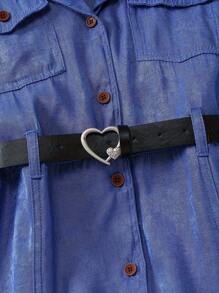 1pc Teen Girl Casual Collared Blue Dress With Belt - Blue - View 4