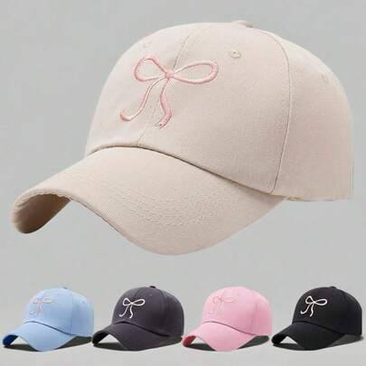 قبعة رياضية كاجوال للخارج كاملة التطريز على شكل فراشات ذات أشعة شمسية بطراز مدرسي شارع، (باللون الأزرق مع فيونكة وردية / بيضاء عشوائية)