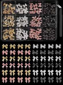 120 Piezas de encantos y gemas para uñas de aleación con lazo, encantos de metal con lazo en color plateado, dorado y negro para diseño de uñas, joyería de uñas lujosa y brillante con lazos lindos para accesorios de manicura