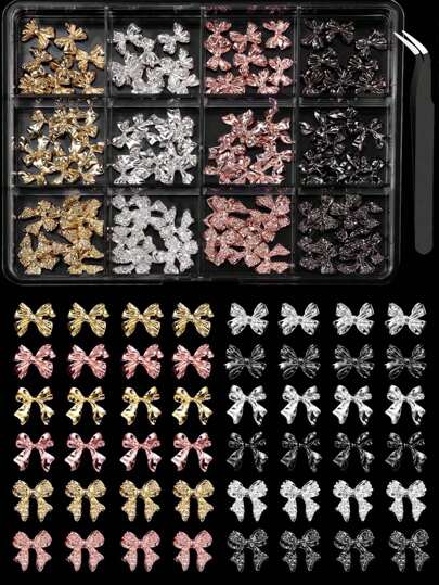 120 Pcs Alloy Bow Nail Charms And Gems, Silver Gold Black Bowknot Metal Nail Art Charms, Shiny Luxury Cute Bow Nail Jewelry For Nails Design Manicure Accessories Nail Supplies Nails