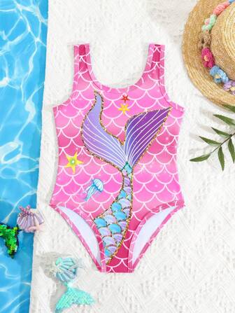 卡通美人鱼鱼尾和鳞片印花连体泳衣，适合年轻女孩