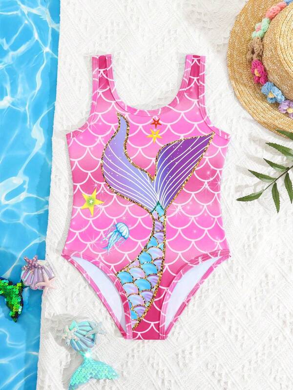 Traje de baño de una pieza con estampado de cola y escamas de sirena de dibujos animados para niñas jóvenes