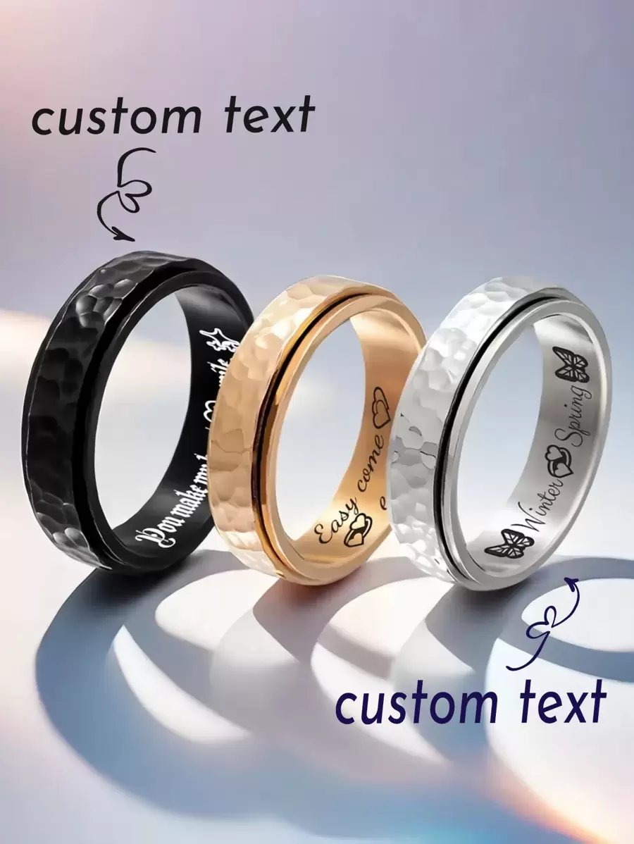 1 Pc Custom Hand-Hammered Moon Crater Pattern Rotatable Ring Stainless Steel For Women Men Personalized Jewelry Birthday Party Valentine's Day Jewellery Gift Name Engrave - Multicolor - View 1