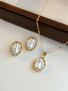 3 件套高端优雅人造珍珠项链吊坠和耳环首饰套装，适合女士，别致而优雅 - 金黃色 - 查看 3