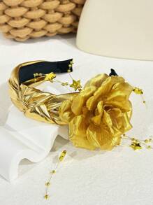 1pc Women Ramadan Gold Rose Peony Star Bead Chain Leather Star Knot Headband, Casual Polyester Fiber Headband, Suitable For Party Year Round
