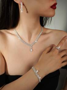 5pcs Fashionable Fully Rhinestoned Jewelry Set Including Necklace, Earrings, Ring, Bracelet, Suitable For Women's Wedding, Party, Birthday, Holiday Wearing