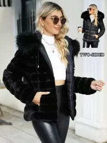 Giolshon 女士双面秋冬外套 - 人造毛皮连帽，通勤时尚，百搭叠穿