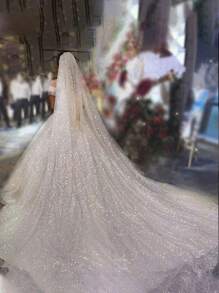 1pc Luxury Bridal Veil With Glittering Golden Stars, Gorgeous Wedding Long Tail Headpiece Fall Clothes For Women