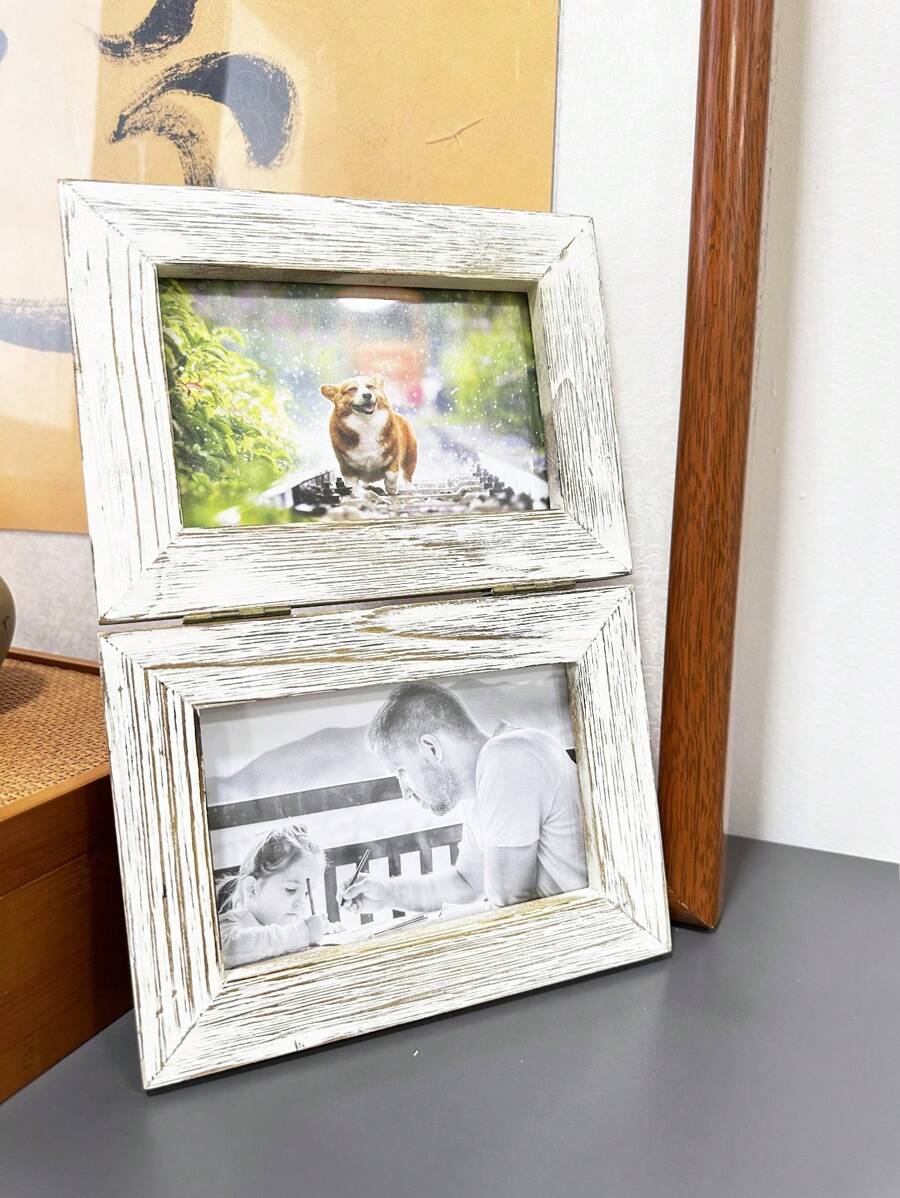 Wooden Rustic Farmhouse Wall And Desk 4x6 Double Picture Frames For Office, Floating Collage Antique Memorial Photo Frames Set, Square Record Frame For Family - 白色 - 查看 1
