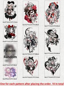 Set de 10 tatuajes temporales a prueba de agua con patrones de chica rebelde Lolita oscura y lindos dibujos animados, duran de 1 a 5 días, unisex
