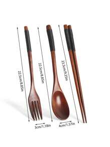 3/6 件高品质 3 件木制餐具套装 - 勺子、长柄日式叉子和筷子，非常适合搅拌水果和燕麦片 - 非常适合家庭聚会和节日庆祝活动、学校用品