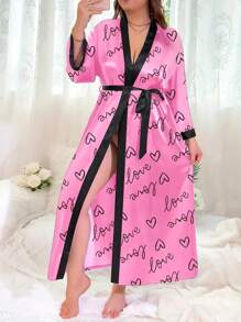 Plus Size Women's Loose Vintage Heart Print Long Robe, Sexy Tie-Waist Kimono, Casual Beach Coverup - Pink - View 2