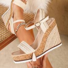 Women's Beige Wedge Platform Casual Comfortable Woven Chain & Rope Decor Wood Grain Design Sandals