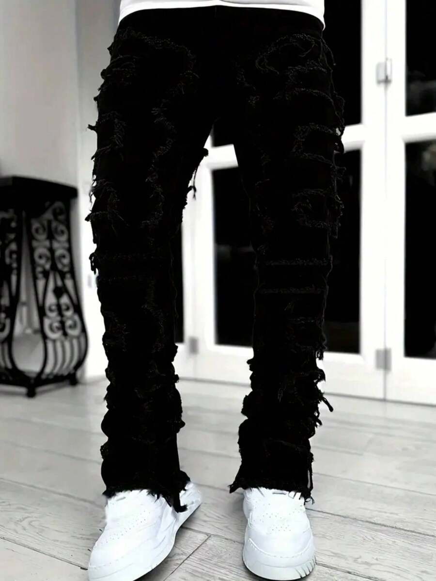 Men's Elastic Patched Cat Whisker Distressed Slim Fit Flared Jeans, Emo Style - Black - View 1