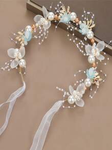 一套人造珍珠花冠+手链，可调节花朵头饰，手工发饰，腕花冠，适用于婚礼、派对、生日（白色，可调节）情人节配饰 - 金色 - 查看 7