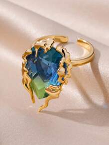 Aesthetic Blue Green Gradient Zirconia Flame Water Drop Design Enamel Rings For Women Colorful Zirconia Opening Adjustable Ring Fashion Jewelry Wedding Gift