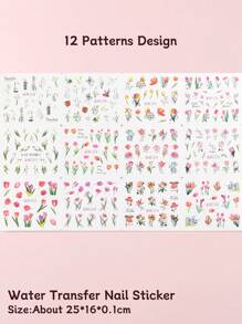 12 Styles Design Tulip Flower 1pc Nail Art Stickers, Plant Blooming Snowdrops Floral Leaf Sliders Gift Wedding Nails Water Transfer Decals Design Manicure Charm Decoration (Without Viscosity)