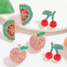 2 piezas Pendientes tipo botón estilo bohemio con cristal de sandía, melocotón y cereza de la serie de frutas, adecuado para uso casual, vacacional y de fiesta de las mujeres
