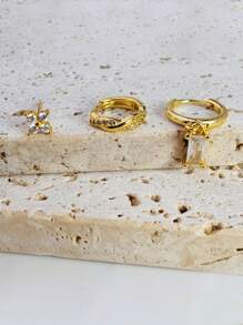 3pcs Zirconia Stud Earrings Set, 14K Gold Plated Zirconia Classic Pendant Flower Hoop Earrings, Low Allergy Earrings For Multiple Ear Piercings, Suitable For Daily Wear And Parties