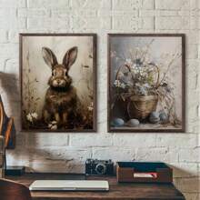 1 pieza Cartel de arte de pared Animales botánicos vintage Pascua Conejo Conejito en campo de flores Liebre Póster de cabaña Pintura en lienzo Arte de pared Decoración para el hogar Regalo perfecto para estudio y sala de estar Decoración Canvas sin marco