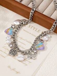 1 件新款时尚简约彩色心形和星形珍珠装饰颈链女士项链 - 彩色 - 查看 4