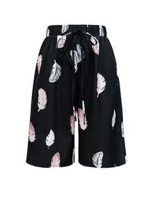 Women's Floral Print Elastic Drawstring Mid-Thigh Summer Shorts - Black - View 3